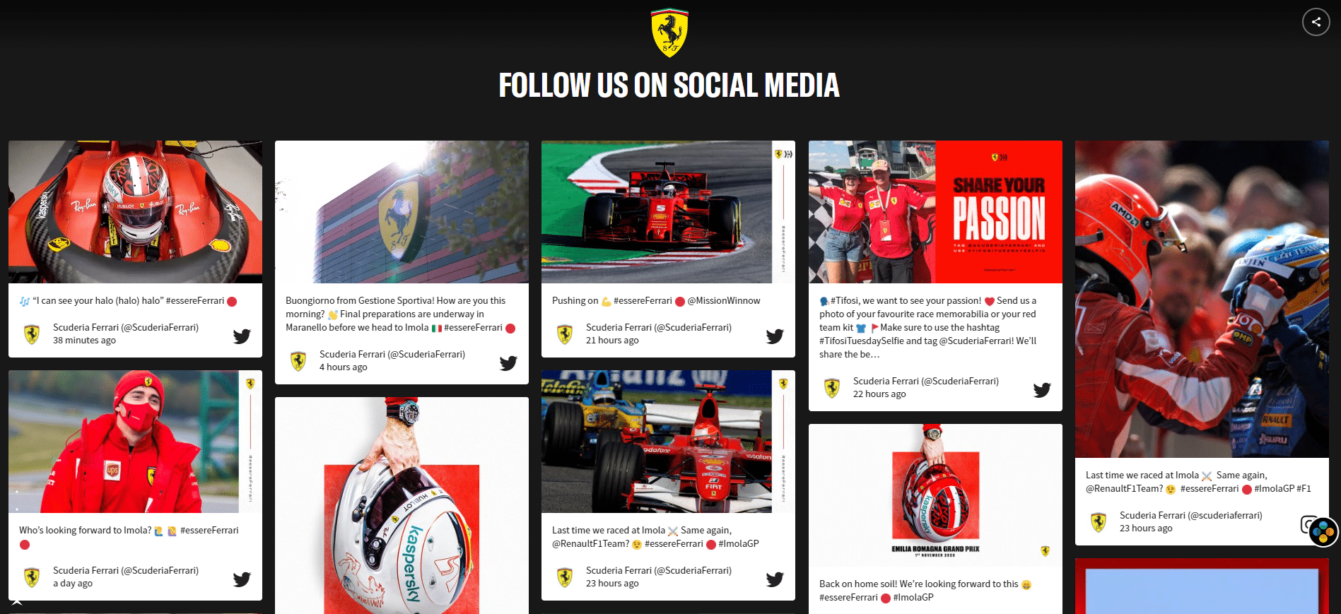 agregar publicaciones sociales al sitio web Ferrari