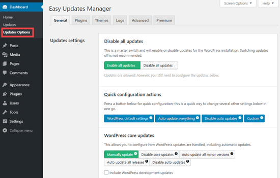 Configurar los ajustes para el complemento Easy Updates Manager