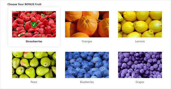 Un ejemplo de opciones de imágenes en uso en un formulario: muestra imágenes coloridas para 6 opciones de frutas