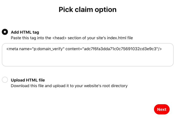 Opción de reclamo de sitio web de selección de verificación de Pinterest mediante etiqueta HTML