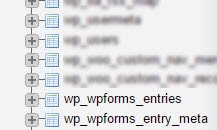 Las tablas wp_wpforms_entries y wp_wpforms_entry_meta que se muestran en la lista phpMyAdmin