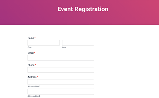 Vista previa del formulario de registro del evento