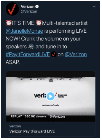Tuit de Verizon promocionando un Twitter Live con emojis de reloj