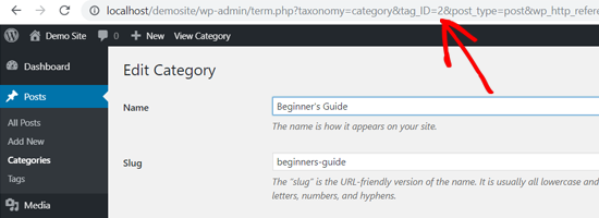 ID de categoría de WordPress en la barra de direcciones del navegador web