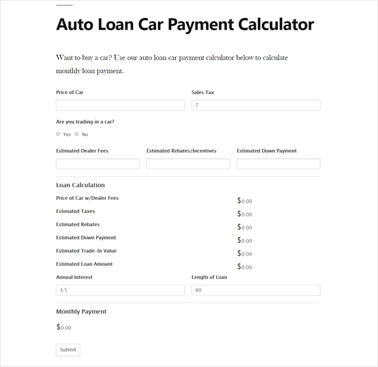 Calculadora de pago de préstamos para automóviles en la vista previa del sitio de WordPress
