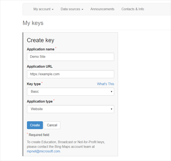 Crear clave de API de Bing Map para incrustar en WordPress