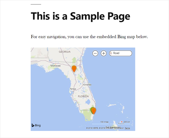 Bing Map incrustado en WordPress usando un complemento