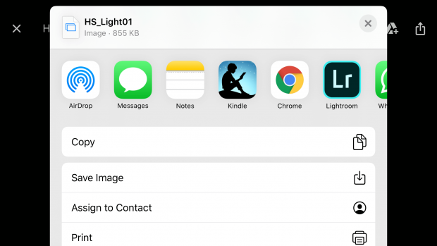 Opciones de HS_Light01.dng en el móvil, que muestran: Copiar, Guardar imagen, Asignar a contacto o Imprimir