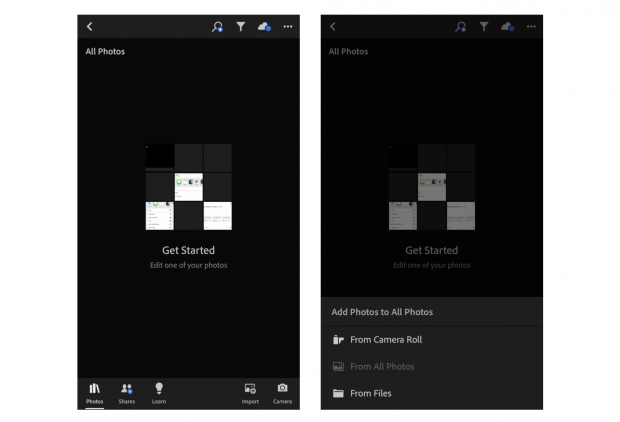 La pantalla "Comenzar" de la aplicación Lightroom muestra las opciones para Agregar fotos "Desde el carrete de la cámara" o "Desde el archivo"