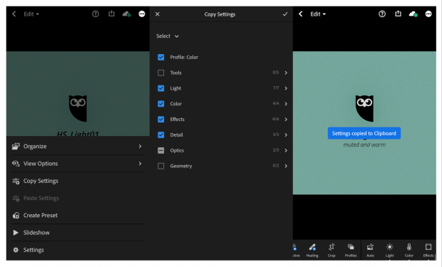 3 pantallas que muestran los pasos para copiar la configuración de un ajuste preestablecido de Instagram seleccionado dentro de la aplicación Lightroom