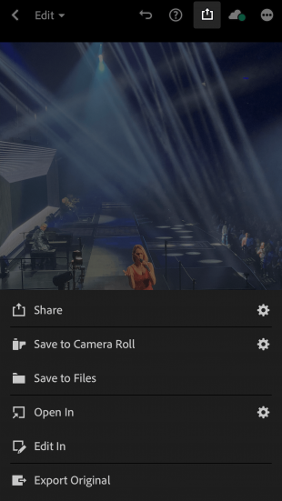 Versión final de la foto de Celine Dion en la aplicación Lightroom con opciones para compartir, guardar en Cameral Roll o Guardar en archivos