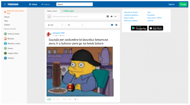 Página de inicio de Taringa!  mostrando un meme de los Simpson en español