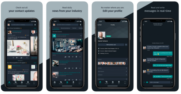 4 pantallas de iPhone que muestran varios usos de Xing, que incluyen: actualizaciones de contactos, actualizaciones de noticias de la industria, edición de perfiles, mensajería