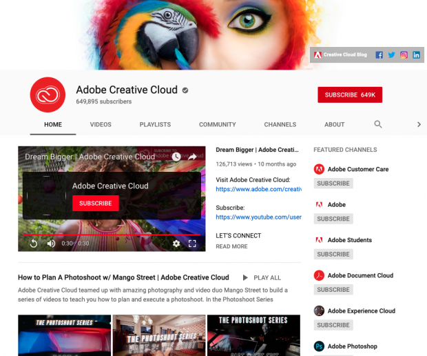 Página de inicio de Adobe YouTube
