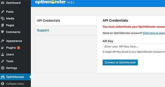 Agregue su clave de API de OptinMonster