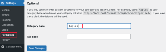 WordPress también le permite cambiar el prefijo de categoría en las URL de categoría