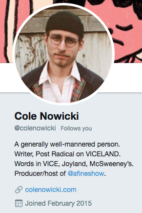 Biografía en Twitter de Cole Nowicki