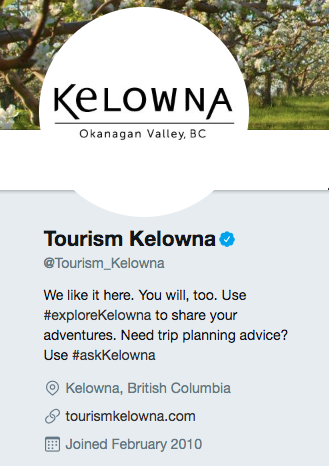 Biografía de Twitter para Tourism Kelowna
