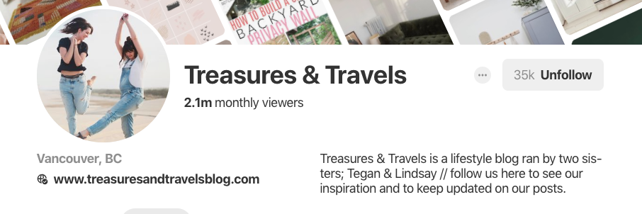 Biografía de Pinterest para Treasures & Travels