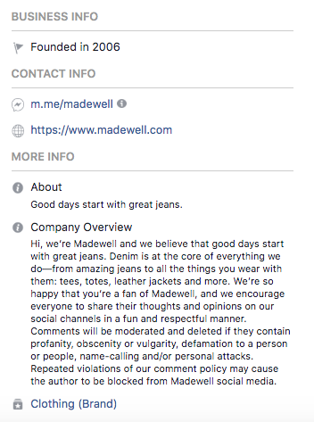 Biografía en Facebook de Madewell