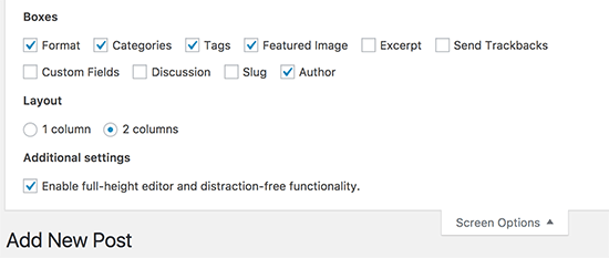 Configuración de opciones de pantalla en la pantalla de edición posterior en WordPress
