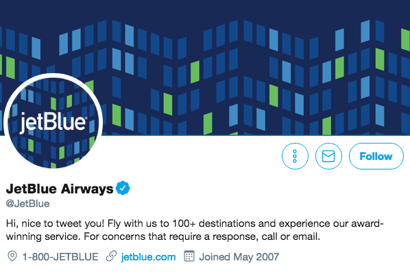 Biografía de Twitter de JetBlue