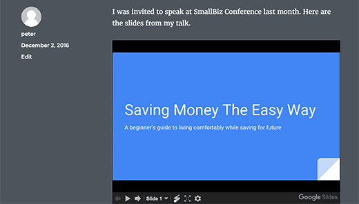 Vista previa de una presentación de Google Slides en WordPress