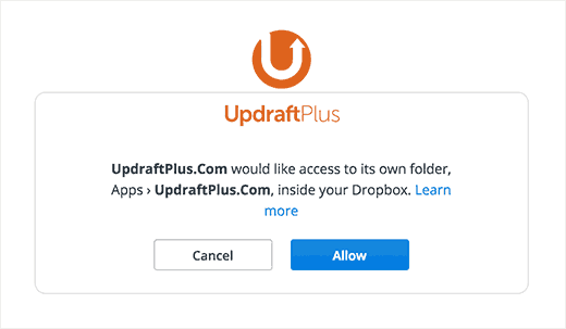 Permitir que UpdraftPlus acceda a Dropbox
