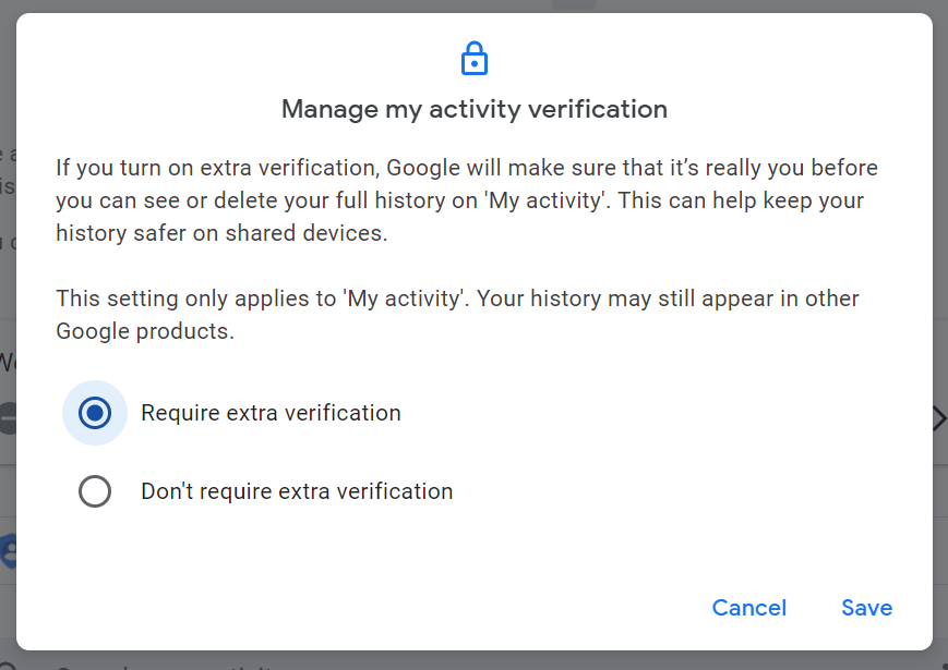 Administrar la pantalla de verificación de mi actividad con la opción de verificación adicional marcada y sin marcar no requiere la opción de verificación adicional, un botón para cancelar y guardar en la parte inferior derecha