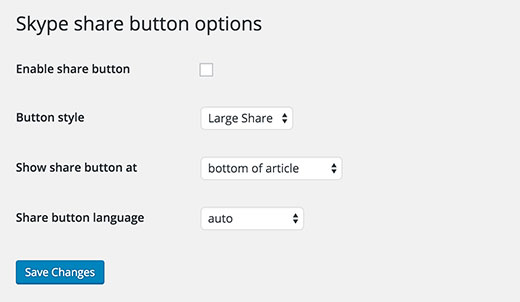 Página de configuración del botón compartir de Skype