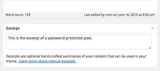 Añadiendo un extracto para su publicación protegida con contraseña en WordPress