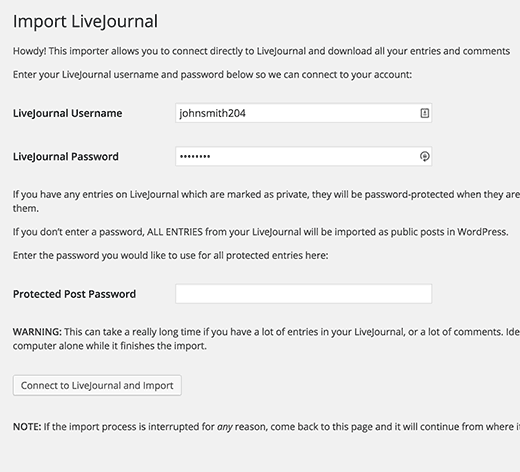 Configuración de LiveJournal Importer