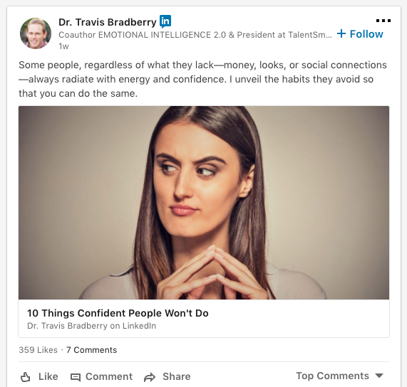 captura de pantalla de la publicación del Dr. Travis Bradberry en LinkedIn