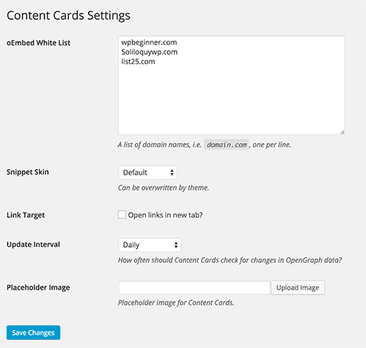 Página de configuración para el complemento de tarjetas de contenido