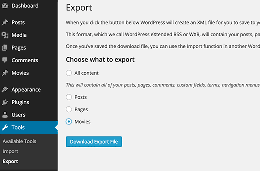 Exportación de tipo de publicación personalizada en un archivo XML utilizando la herramienta de exportación integrada de WordPress