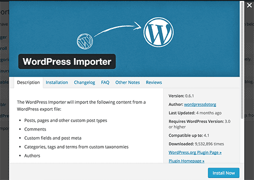 Instalación del complemento importador de WordPress