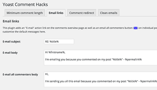 Configuración de enlaces de correo electrónico en Trucos de comentarios de Yoast