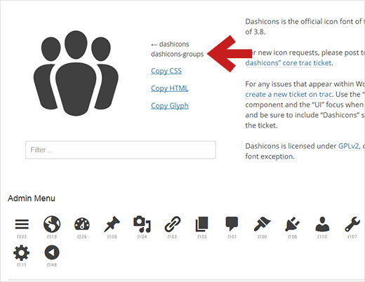 Copiar una clase de icono del sitio web de Dashicons