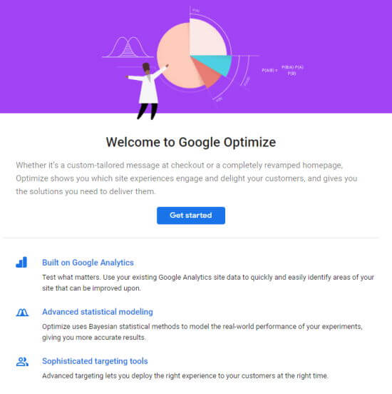 La página de bienvenida de Google Optimize, con el botón Comenzar