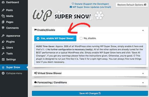 Página de configuración de WP Super Snow