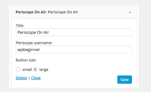 Configuración del widget de WordPress de Periscope
