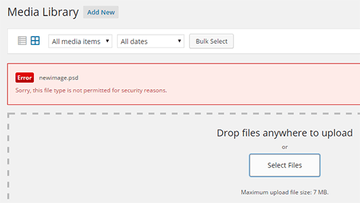 Error de carga de WordPress: este tipo de archivo no está permitido por razones de seguridad.