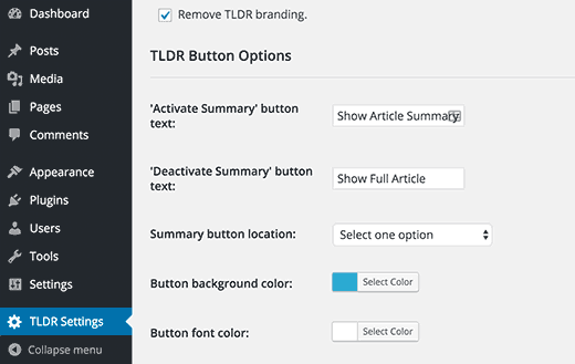 Página de configuración de TLDR