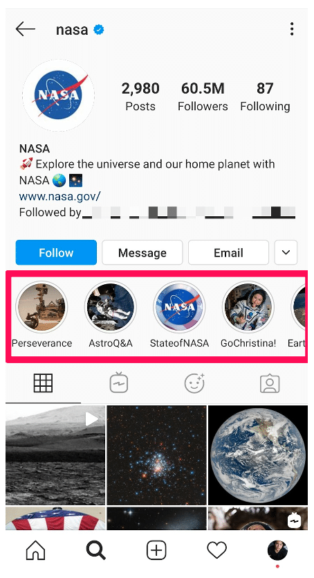 Carátulas destacadas de Instagram de la NASA