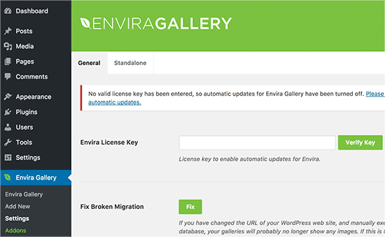 Agregar clave de licencia de Envira Gallery