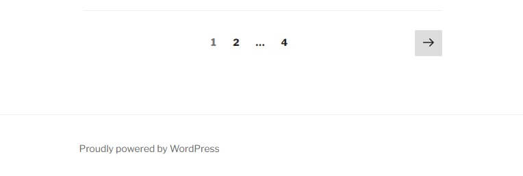 Un ejemplo de un sitio de WordPress que muestra el enlace de pie de página "Orgullosamente impulsado por WordPress"
