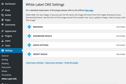 Página de configuración de White Label CMS