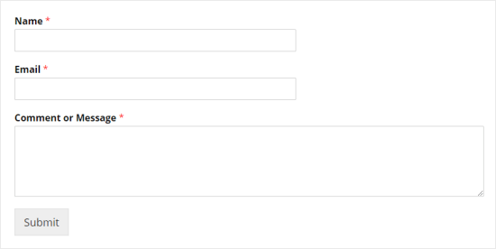 Un formulario de contacto simple, que muestra campos de nombre, correo electrónico y comentario o mensaje