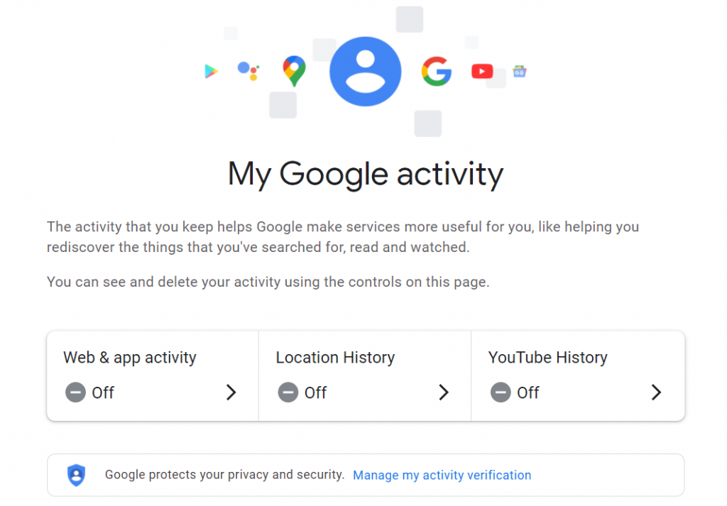 Mi pantalla de actividad de Google con opciones como historial de ubicaciones, historial de youtube, etc.