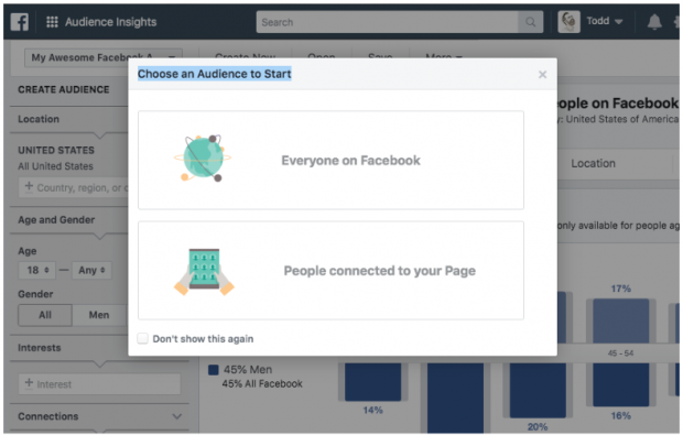 Opciones para elegir una audiencia en el panel de Facebook Audience Insights